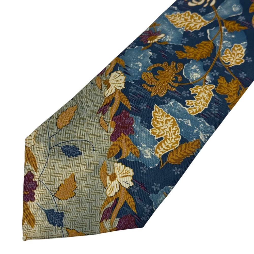 Structure Blue Gold Floral Geometric Italian Silk Made in USA 57" x 4" Necktie
